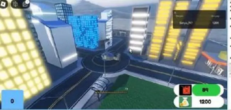 Город из небоскрёбов в игре Roblox, счётчик монет в углу