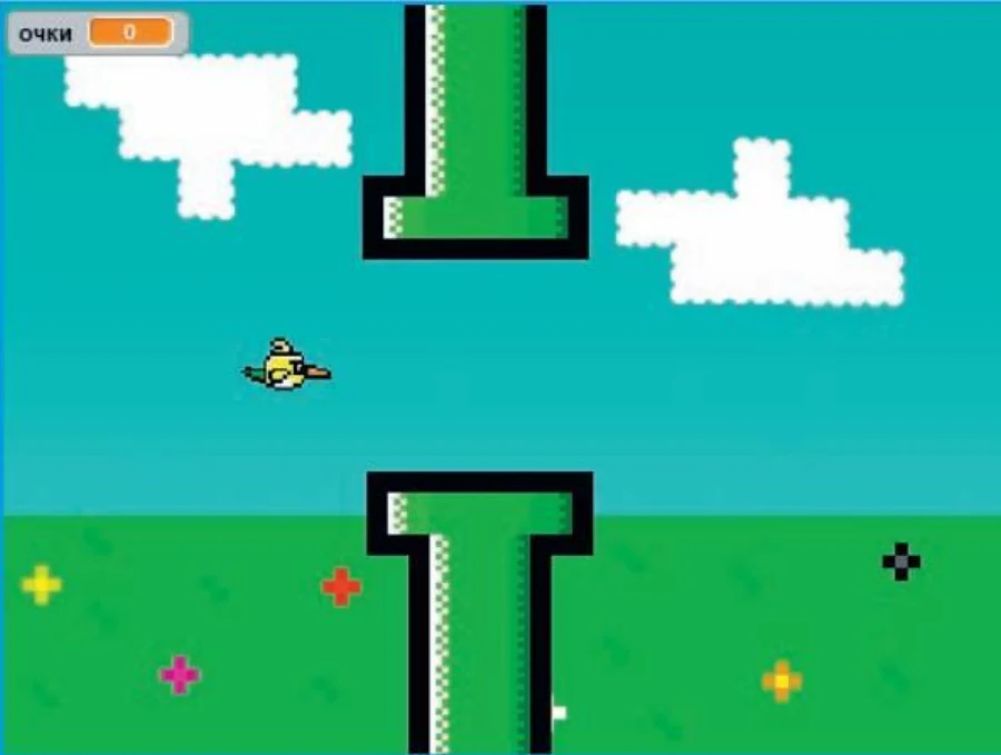 Игра на Scratch: птица летит между зелёными трубами, в левом верхнем углу счётчик очков