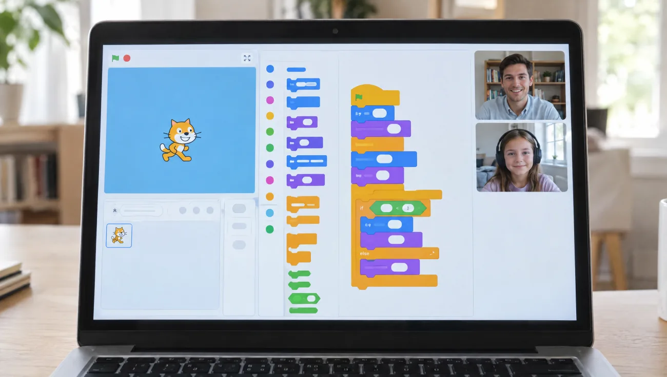 Экран ноутбука: редактор Scratch с котом на сцене и стеком блоков, справа два окошка видеосвязи&nbsp;— преподаватель и ученица в наушниках
