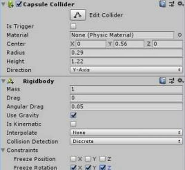 Панель инспектора Unity: поля Capsule Collider с радиусом и высотой, ниже Rigidbody с массой и галочкой Use Gravity
