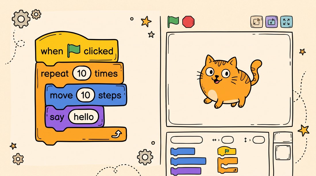 Редактор Scratch: стопка блоков слева и сцена с котом справа